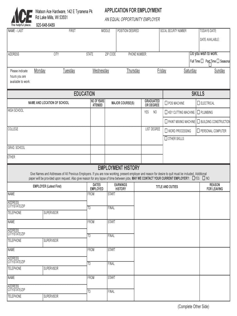 Ace Hardware Application PDF  Form