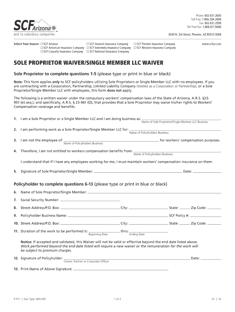  Sole Proprietorship Workers Comp Waiver 2012-2024