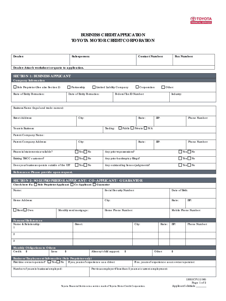  Toyota Business Credit Application Form 2006-2024