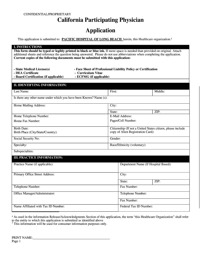 California Participating Physician Application Fillable  Form
