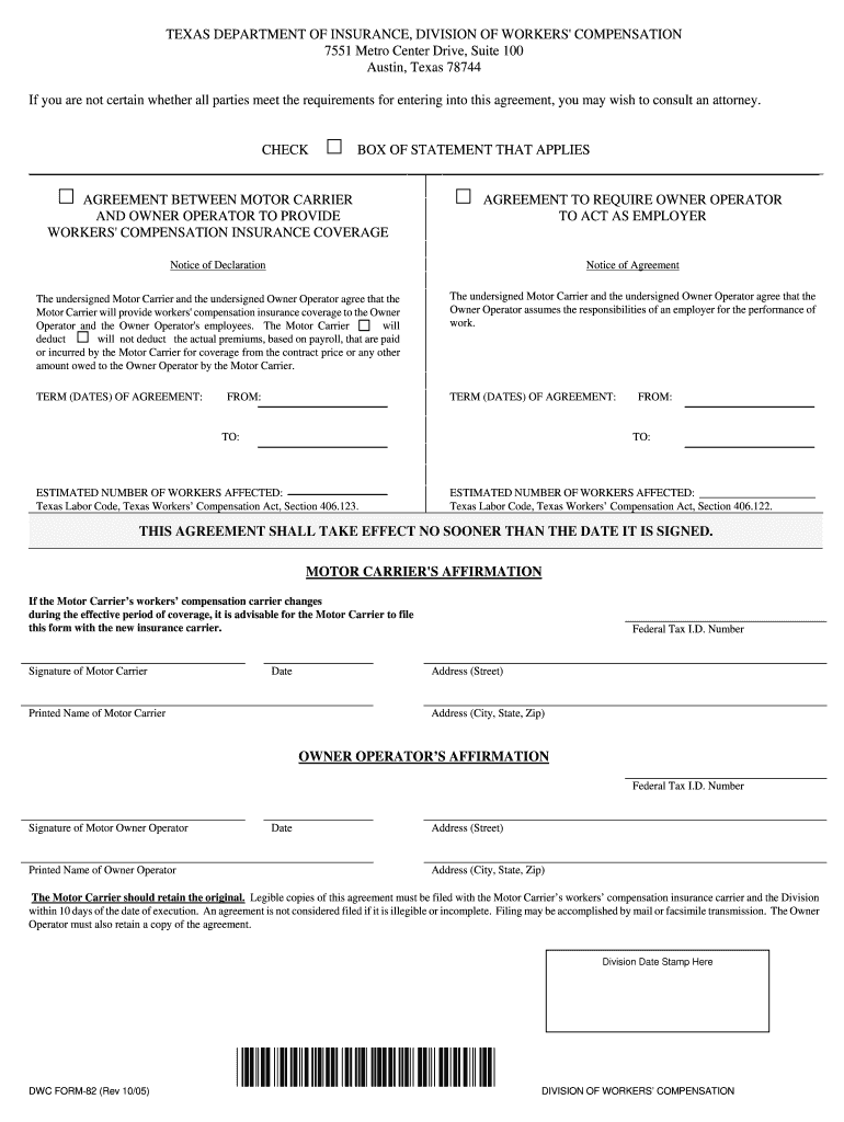  Texas Department of Insurance Form Dwc 82 2005