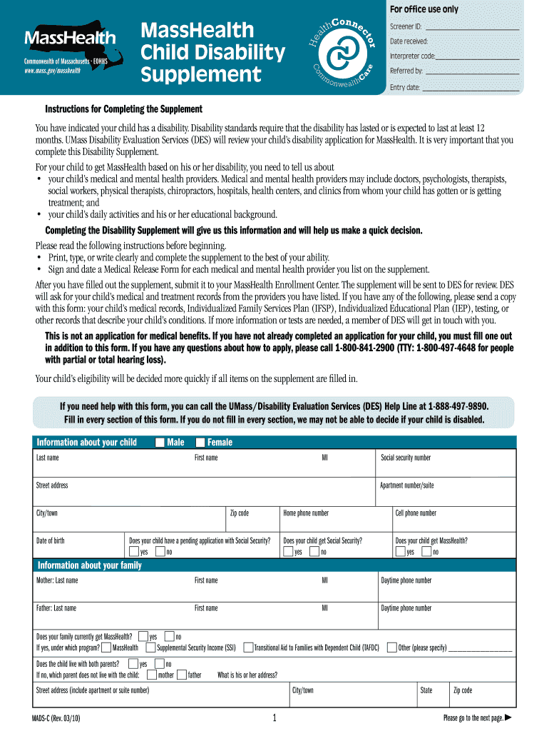  Masshealth Child Disability Supplement  Form 2010