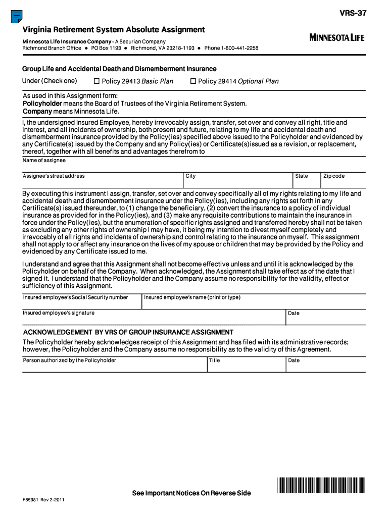 Virginia Retirement System Absolute Assignment  Form