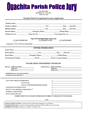 Ouachita Parish Occupational License  Form