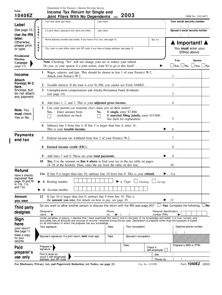  Blank 1040ez Form 2003