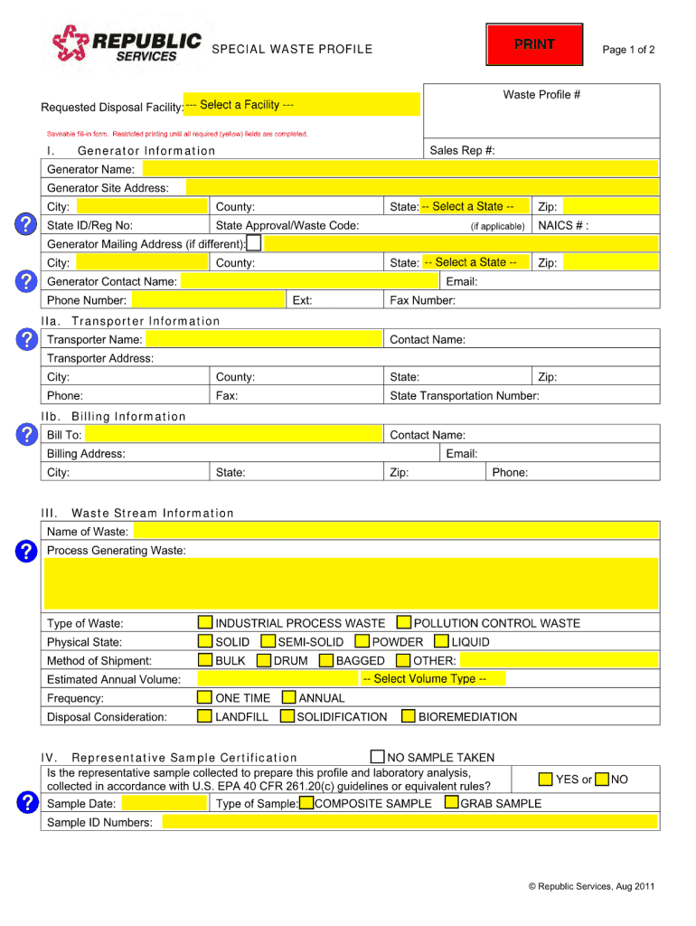 Special Waste Profile Form  SpecialWasteExperts Com