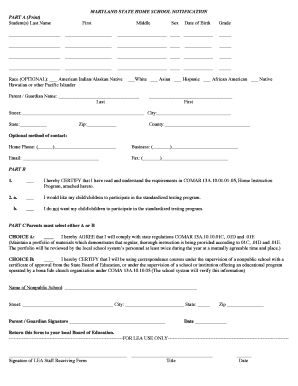 MARYLAND STATE HOME SCHOOL NOTIFICATION PART a MHEA  Form