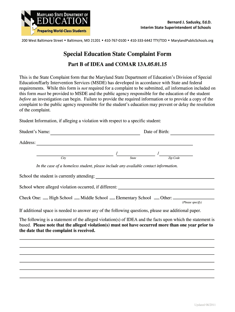  Msde State Complaint Special Education Form 2011