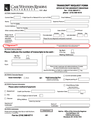 TRANSCRIPT REQUEST FORM Case Western Reserve University Case