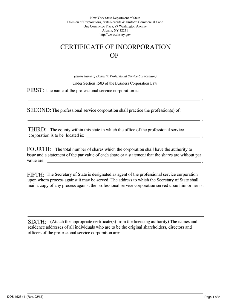  Certificate of Incorporation of Nyc Form 2014