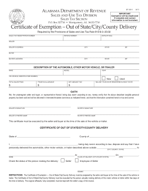 Certificate of Exemption Out of StateCityCounty Delivery Revenue Alabama  Form