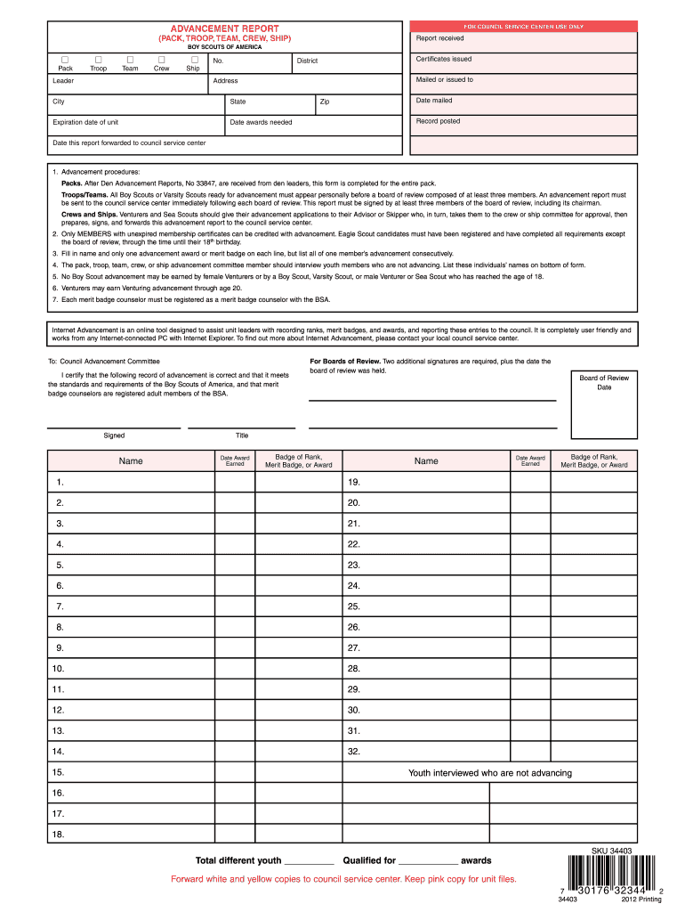  Blank Scouts Bsa Qdvancement Form 2012-2024