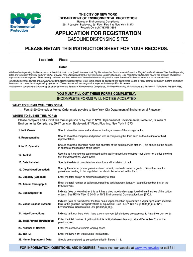 New York City Department of Environmental Protection Regulation Certification of Gasoline Dispensing Sites Form