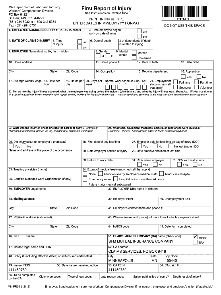  First Report of Injury Mn 2012