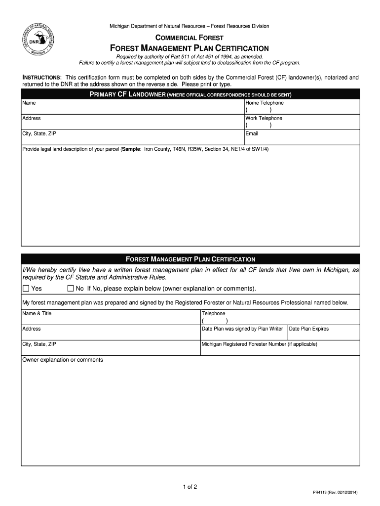 CF Forest Management Plan Certification  State of Michigan  Michigan  Form