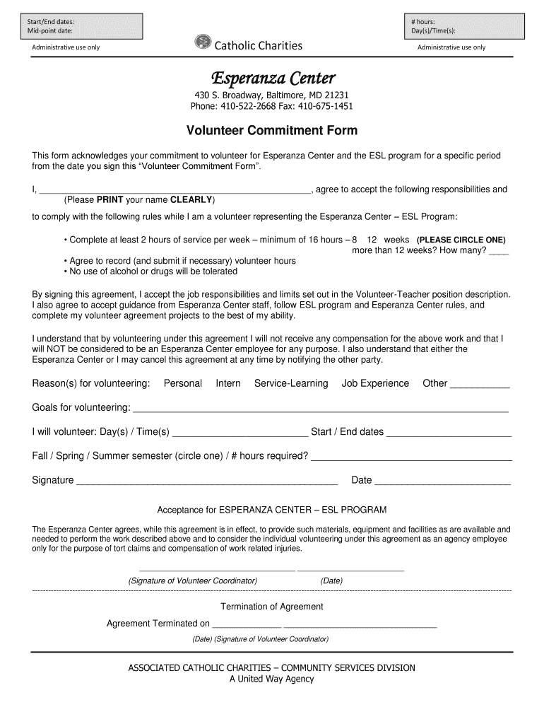 ESL Commitment Form Catholic Charities Catholiccharities Md