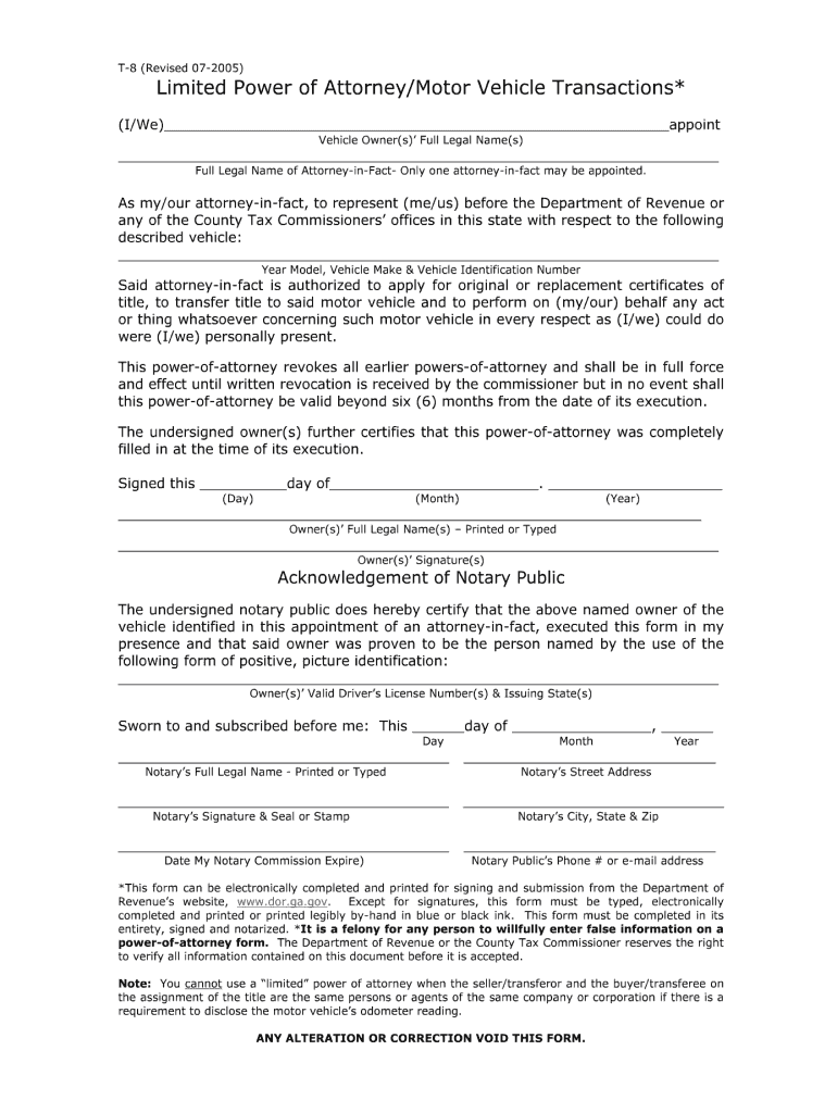  Limited Power of Attorney Motor Vehicle Transactions in Maryland Form 2005