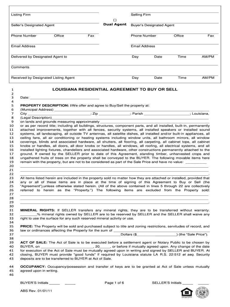  Louisiana Residential Agreement to Buy or Sell Form 2011