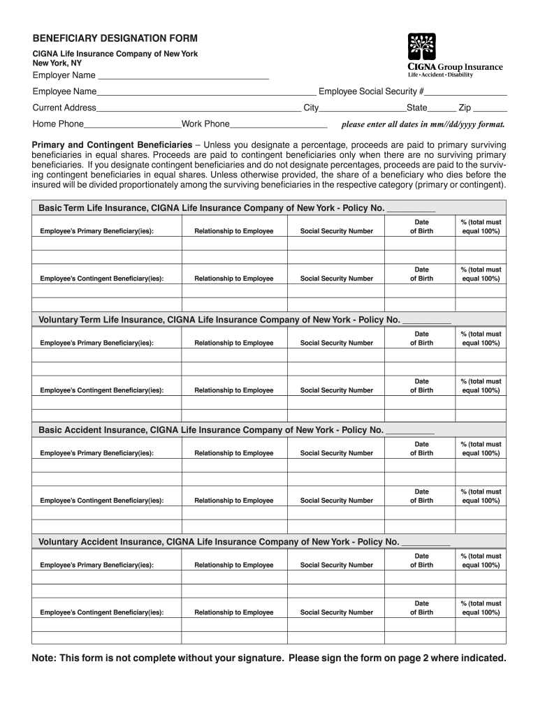 Cigna Beneficiary Designation Form