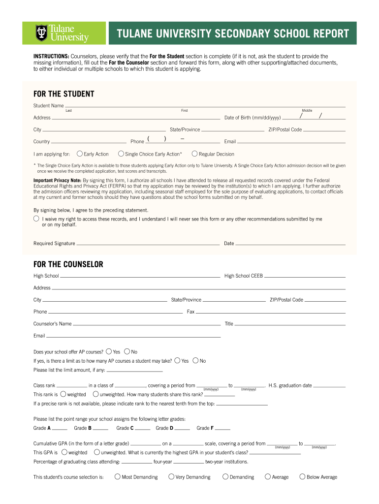 Tulane Secondary School Report Form