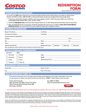 Costco Auto Redemption Form