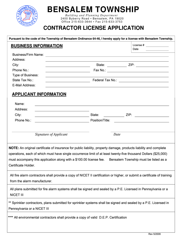 Get and Sign Bensalem Contractor License Form 2009