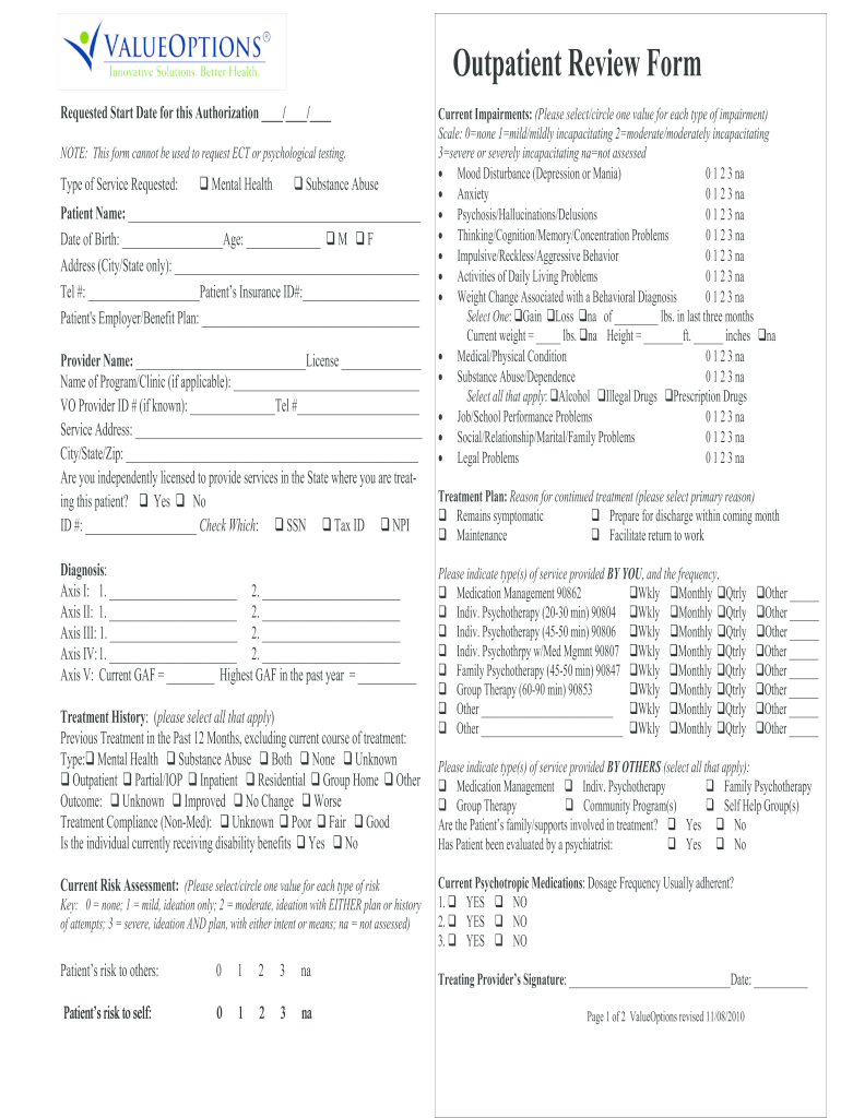 Value Options Outpatient Review Form