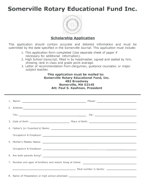 Somerville Rotary Scholarship Application Requirements Form