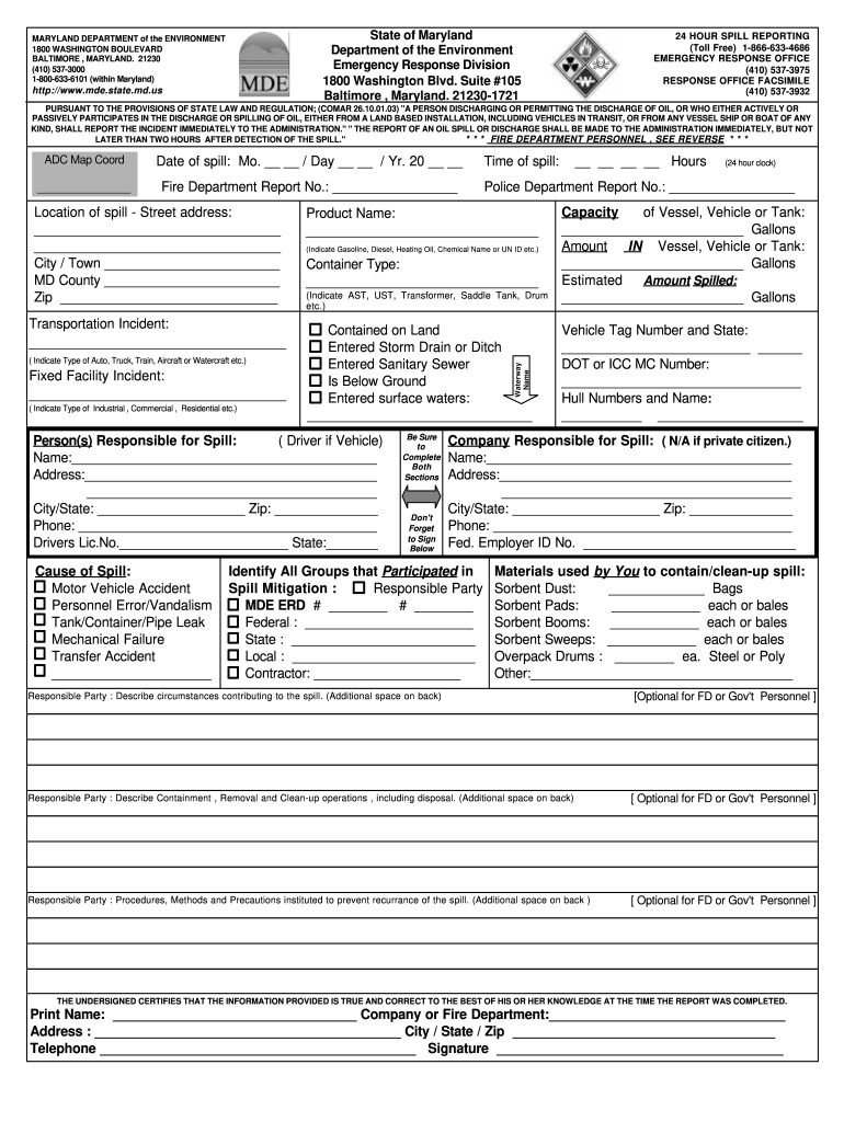Oil Spill Incident Report Example  Form