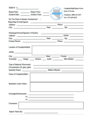 NDEP # 0 Report Date Incident Date Incident State of Nevada Ndep Nv  Form