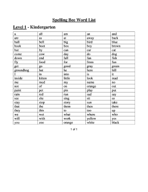 Kindergarten Spelling Bee Words  Form