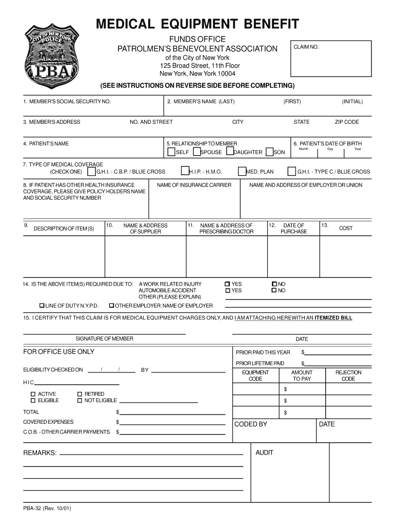 MEDICAL EQUIPMENT BENEFIT Nycpba  Form