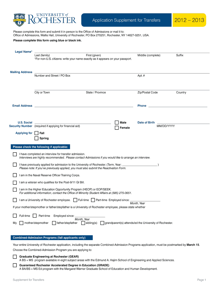 Application Supplement for Transfers Admissions University of Enrollment Rochester  Form