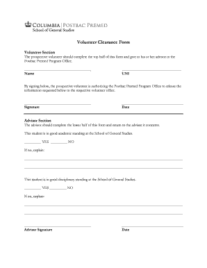 Volunteer Clearance Form Columbia GS School of General Studies