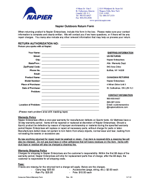 Napier Enterprises Consumer Return Form