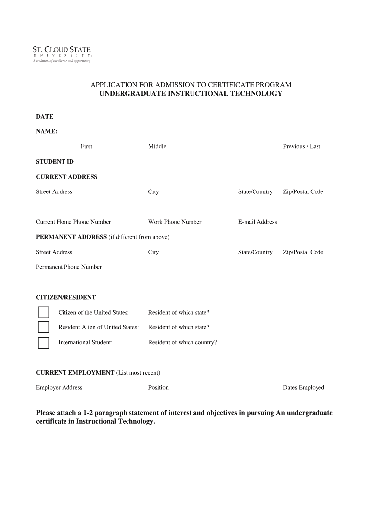 APPLICATION for ADMISSION to CERTIFICATE PROGRAM Stcloudstate  Form