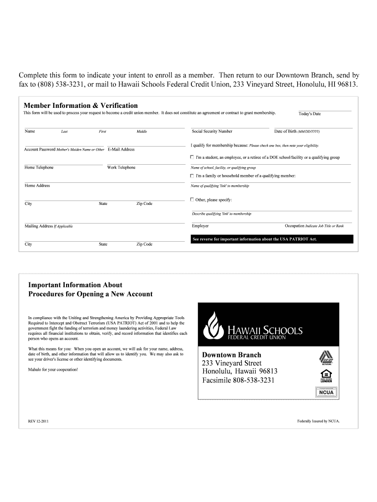 Membership Information Form to Initiate Enrollment Hawaiischoolsfcu