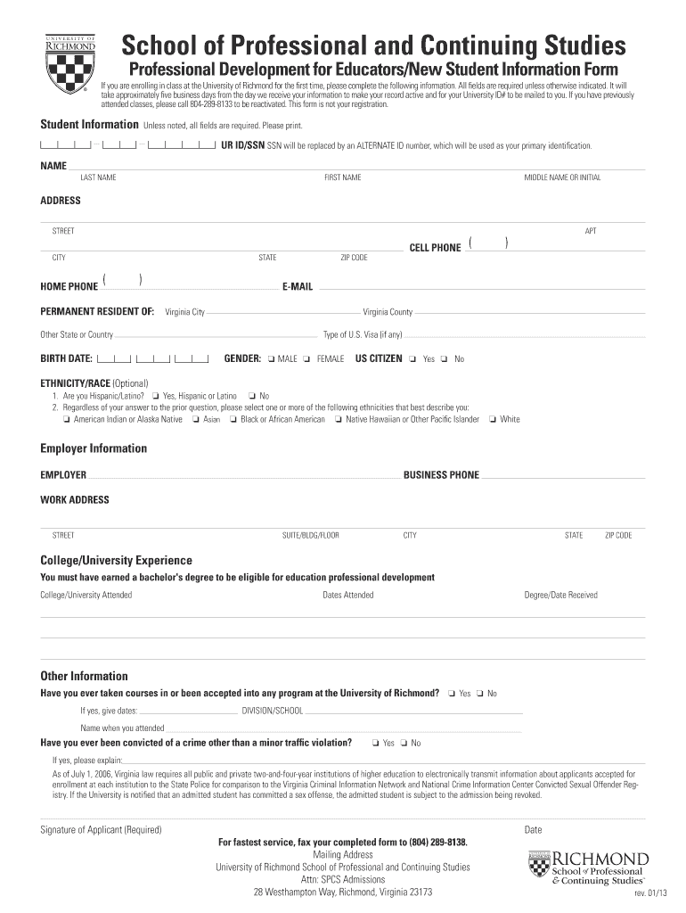 New Student Information Form School of Professional &amp; Continuing Spcs Richmond