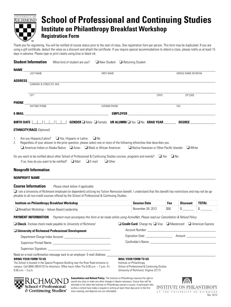 Registration Form University of Richmond Spcs Richmond