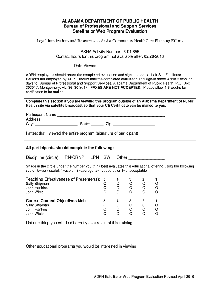 Evaluation Alabama Department of Public Health Adph  Form