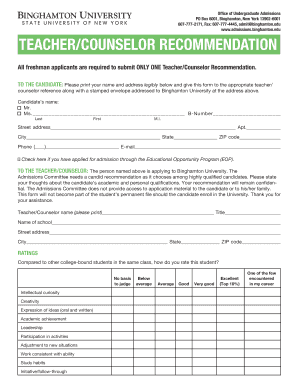 Binghamton Teacher Recommendation Form