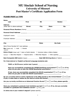 Post Master&#039;s Certificate Application Sinclair School of Nursing Nursing Missouri  Form