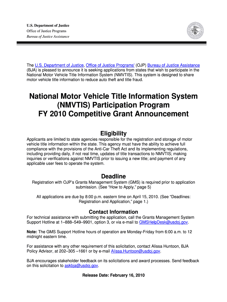 Department of Justice, Office of Justice Programs&#039; OJP Bureau of Justice Assistance BJA is Pleased to Announce it is Seekin  Form