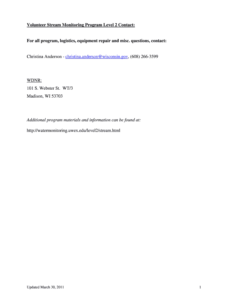 Volunteer Stream Monitoring Program Level 2 Contact for All Watermonitoring Uwex  Form