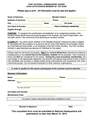 This Completed Form Must Be Submitted to National Headquarters Auxiliary Dav