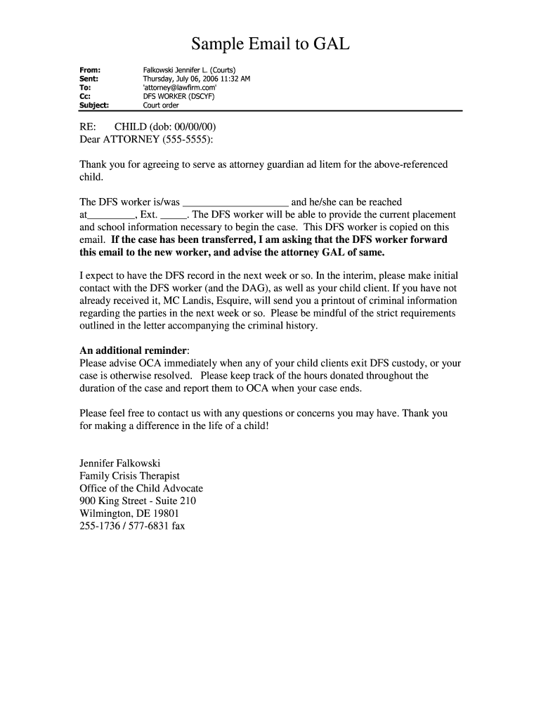 Sample E Mail to Attorney Gal Re Appointment Delaware Courts Courts Delaware  Form