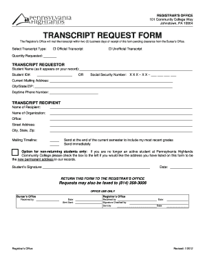 Johnstown Pa Transcription  Form
