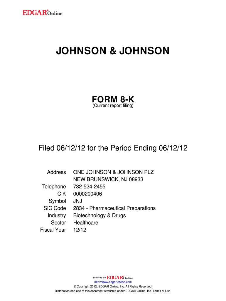 JOHNSON &amp;amp; JOHNSON FORM 8 K Current Report Filing Filed 061212 for the Period Ending 061212