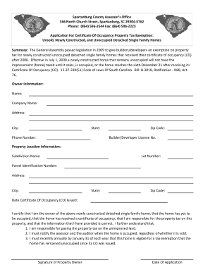 Spartanburg County Certificate of Occupancy  Form