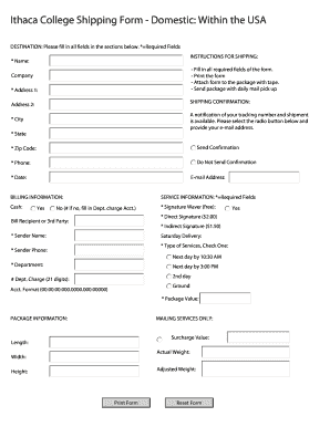 Ithaca College Shipping Form Domestic within the USA Ithaca